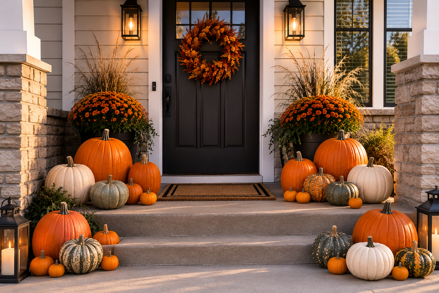 A Treasure Valley front porch styled with uncarved orange and white pumpkins, mums and lanterns on the steps