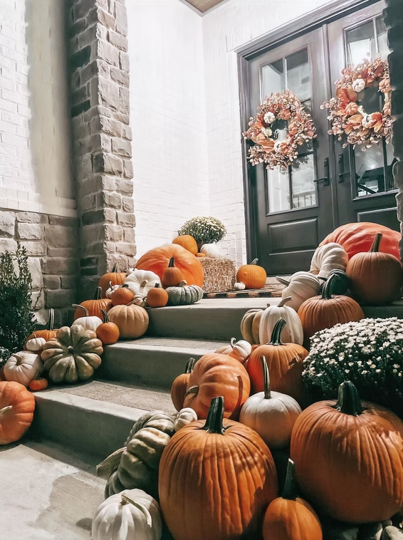 Close view of an abundant pumpkin, hay bale and mum arrangement on porch steps