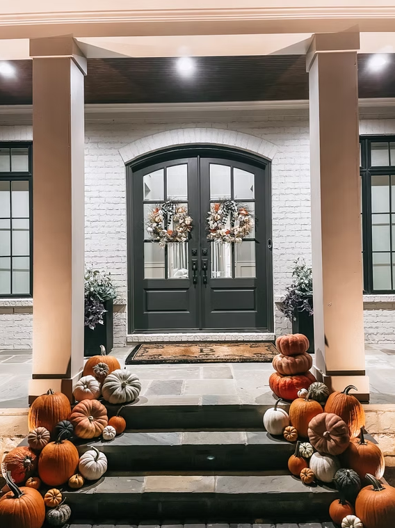White brick entry at dusk with stacked pumpkin displays beside black double doors