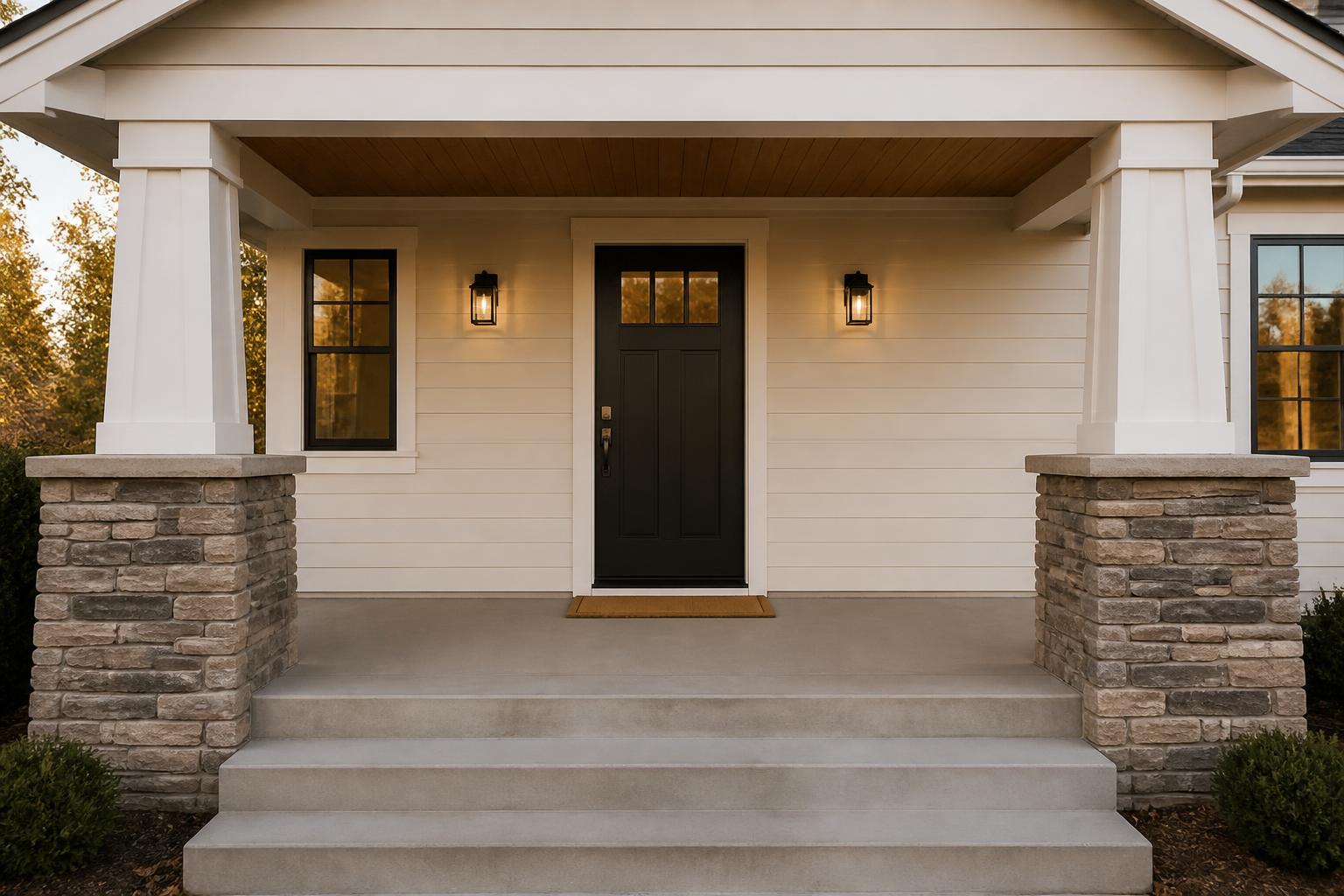 An empty undecorated front porch before a Pumpkin Porch installation