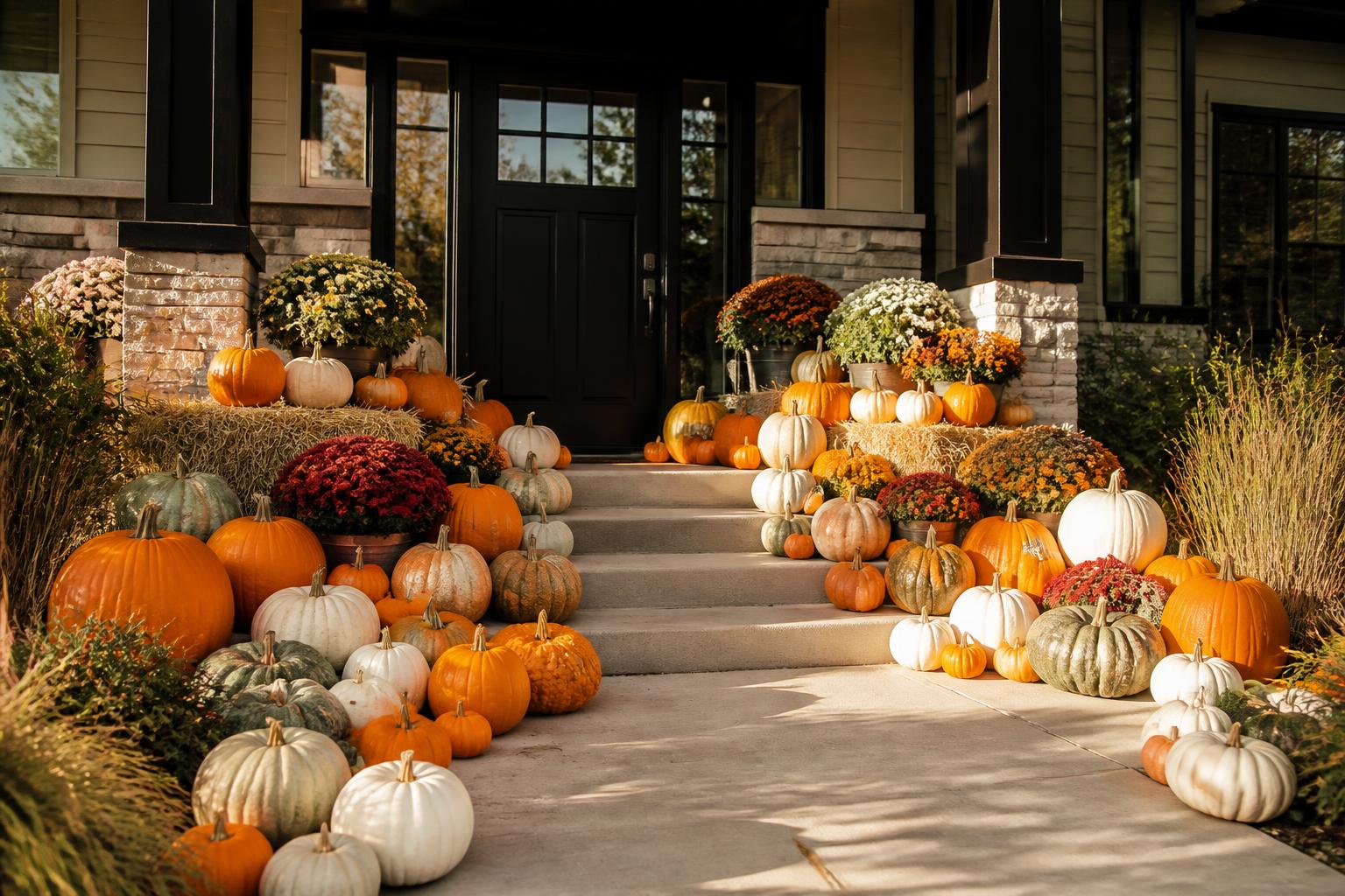 The same porch fully styled with dozens of uncarved pumpkins, hay bales and mums