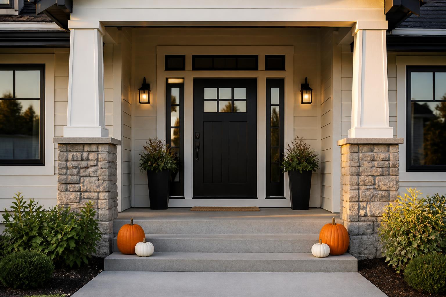 The same porch with the first pumpkins placed beside the steps